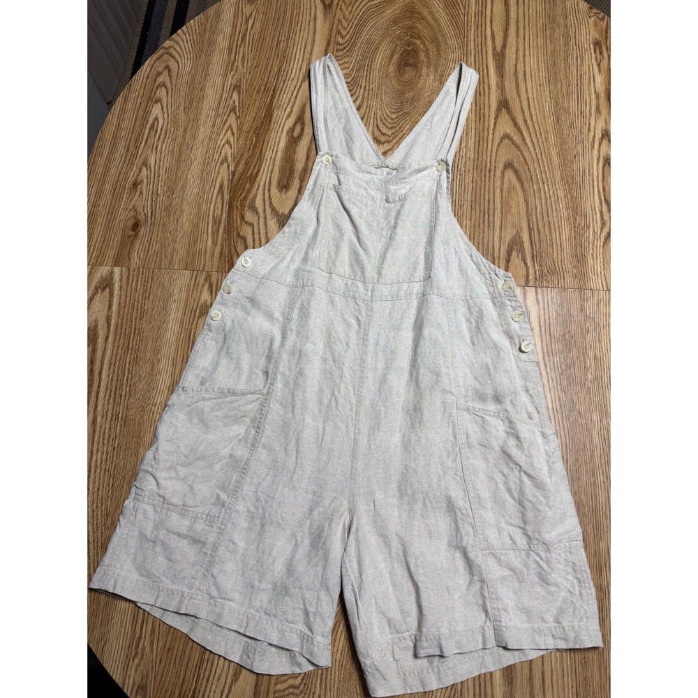 J. Jill Women Medium Cream 100% Linen Overall Shorts Sandy Beige Shortalls Boho - Picture 4 of 11